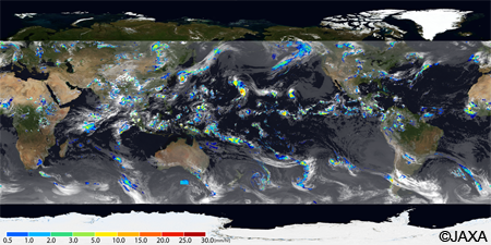 平成26年8月20日午前3時頃（日本時間）のGSMaPプロダクトによる全球の1時間平均の降水分布