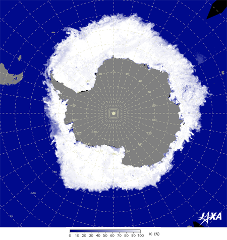 AMSR2が捉えた南極域の2014年9月20日の海氷密接度分布