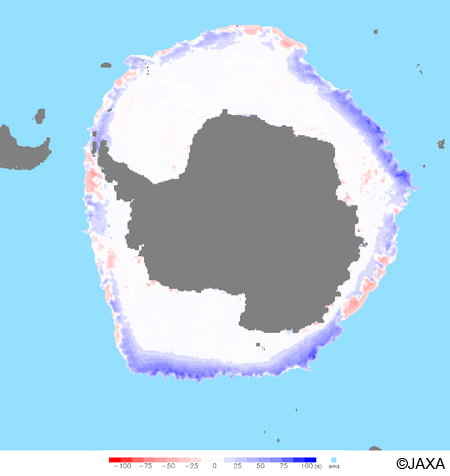 2014年9月20日に「しずく」により観測された南半球海氷密接度の偏差分布（1981-2010年の平均的な海氷密接度分布との差）
