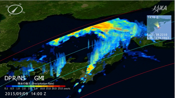 全球降水観測計画（GPM）主衛星による、2015年9月9日23時（日本時間）に観測した秋雨前線の観測結果