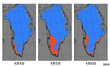 2012年4月4日から4月6日のグリーンランド氷床融解領域（赤色が融解領域、青色が非融解領域、米国雪氷データセンター公開データから作成）