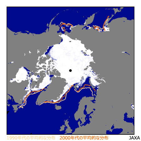 2016年5月7日時点の北極海の海氷密接度の分布（黄色、橙色の線は1980年代、2000年代の平均的な分布を示している）