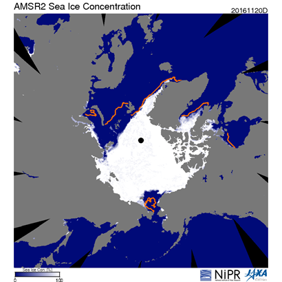 北極海氷の分布（2016年11月20日時点）。橙色の線は2000年代の平均的な海氷縁の分布を示す。