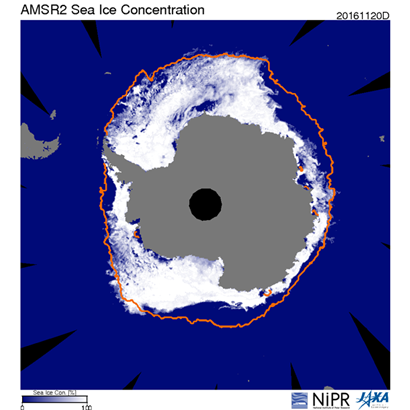 南極海氷の分布（2016年11月20日時点）。橙色の線は2000年代の平均的な海氷縁の分布を示す。