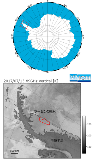 南極半島およびラーセンC棚氷の位置と輝度温度画像（AMSR2の89 GHz垂直偏波）。