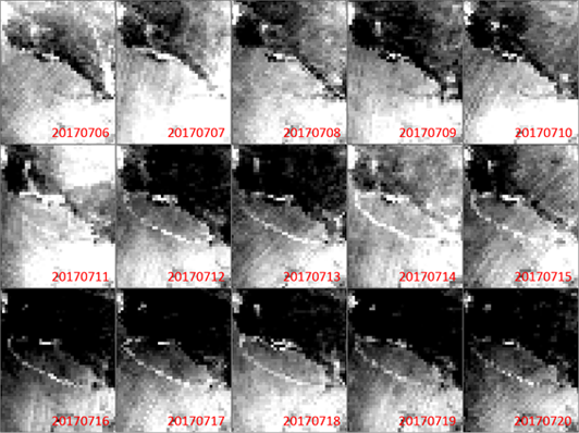 分離した氷山周辺の2017年7月6日～20日の輝度温度画像（AMSR2の89 GHz垂直偏波）