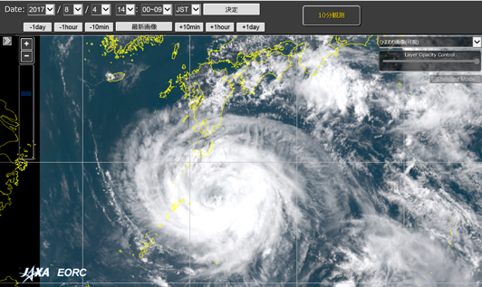 「ひまわり8号」による、平成29年8月4日14時00-09分（日本時間）の台風5号のRGB合成画像。