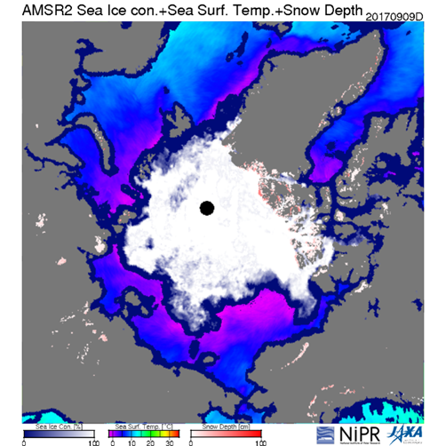 JAXAの水循環変動観測衛星「しずく」の観測データによる2017年9月9日の北極海氷の画像。