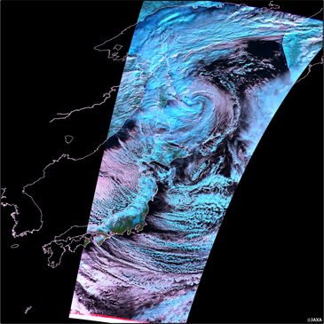 しきさいが1月25日に撮影したオホーツク海から日本列島周辺の疑似カラー画像