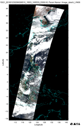 「しきさい」による2018年1月23日2時頃（世界時）のフィリピン、マヨン火山の観測画像（赤・緑・青波長の250m観測データで作成したRGB画像）（朝鮮半島～東南アジアまでの広域の図）