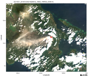 「しきさい」による2018年1月23日2時頃（世界時）のフィリピン、マヨン火山の観測画像（赤・緑・青波長の250m観測データで作成したRGB画像）（赤三角がマヨン火山の山頂付近）