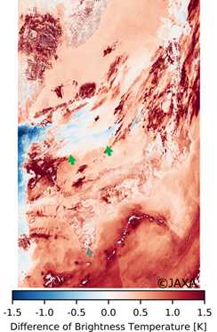 「しきさい」搭載のSGLIによる2018月3月29日の日本周辺の観測データから作成した輝度温度差の画像
