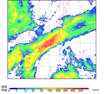 衛星全球降水マップGSMaPによる7月5日10:00から8日9:59の72時間積算降水量