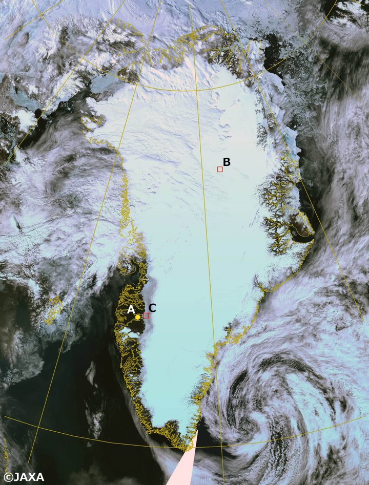 「しきさい」搭載SGLIセンサが2018年7月13日に観測したグリーンランド氷床のカラー合成画像（R:G:B=VN08:VN06:VN03）。Aはカンゲルススアーク空港、BはEast GRIPサイト、CはRussel氷河サイトの位置をそれぞれ示している（詳細は本文参照）。