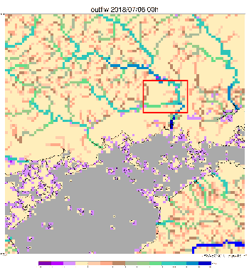 YEEが推定した7月6日午前0時～7月8日午前0時（日本時間）における高梁川周辺の河川流況。河川流量