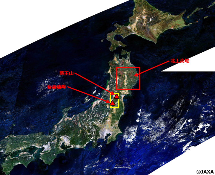 「しきさい」搭載のSGLIによる2018年10月の日本周辺観測データから作成した北海道から近畿地方にかけてのカラー合成画像。SGLIの赤(VN08:673.5nm)・緑(VN05:530nm)・青(VN03:443nm)のチャンネルの観測データをそれぞれR・G・Bに割り当てた。画像に境目が見えるのは、観測日による観測方向・場所の違い等によるもの。
