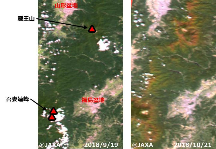 「しきさい」搭載のSGLIによる2018年9月19日（左図）と10月21日（右図）の日本周辺観測データから作成した福島・宮城・山形県境付近（図1の黄色枠内）のカラー合成画像。SGLIの赤(VN08:673.5nm)・緑(VN06:565nm)・青(VN04:490nm)のチャンネルの観測データをそれぞれR・G・Bに割り当てた。緑葉は緑色、紅葉・落葉後の森林は茶色に見えている。赤と緑をやや強調して表示しているので実際に見た色とは異なる。