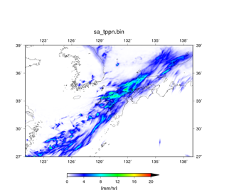 図4に用いた予報初期値を用いて空間解像度3.5kmで行った予報実験結果(07/05 09JSTからの予報)。07/06 09JST – 07/07 09JSTの24時間における平均値。降水量 (mm/hr)。