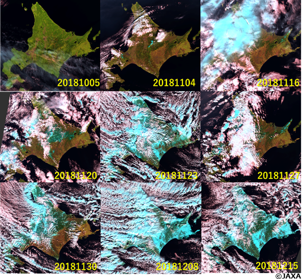 「しきさい」が2018年9月19日から12月15日にかけて捉えた北海道（色合成は図1と同じ）。