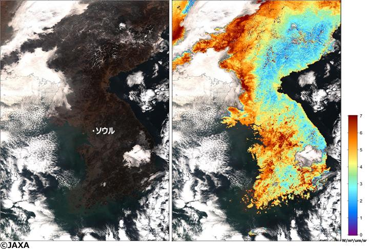 1月13日の11時頃（日本時間）に「しきさい」が観測した画像。（左）人間の目で見たものに近い画像（右）偏光輝度の観測（陸上のみ）