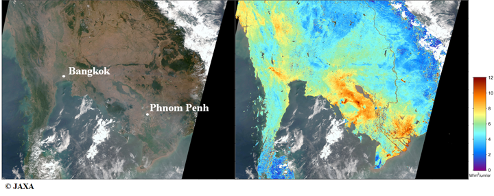 1月29日の10時頃（インドシナ時間）に「GCOM-C」が観測した画像（白色部は雲）。（左）人間の目で見たものに近い画像（右）偏光輝度の観測（陸上のみ）。
