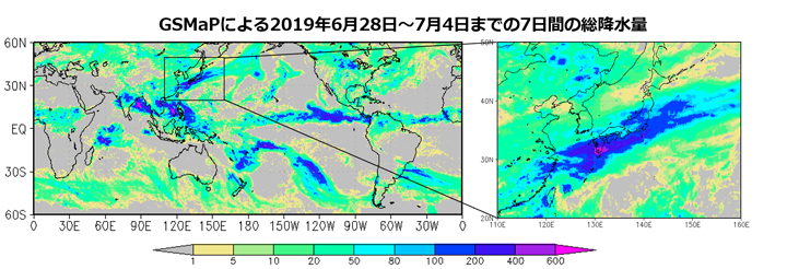 衛星全球降水マップ（GSMaP）による2018年6月28日から7月4日までの7日間総降水量