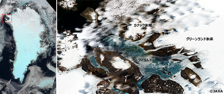 左：気候変動観測衛星しきさい（GCOM-C/SGLI）が撮影したグリーンランド氷床全体のトゥルーカラー画像。図中赤枠が右図の領域。右：Sentinel-2/MSIが2019年6月17日に撮影したトゥルーカラー画像
