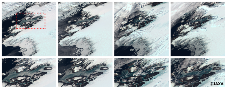 気候変動観測衛星しきさい（GCOM-C/SGLI）が撮影したトゥルーカラー画像（左から6月7日、10日、13日、17日）。下段は左図赤枠で示したカナック周辺フィヨルドの拡大図。