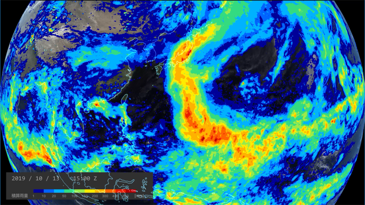 2019年10月5日0時から10月13日23時（UTC）の衛星全球降水マップ（GSMaP）による積算雨量の時間変化