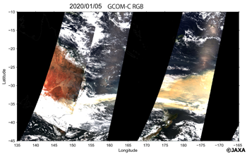 「しきさい」による観測した2020年1月5日降交軌道のオーストラリア周辺の観測、カラー画像（黒いエリアは観測範囲外）