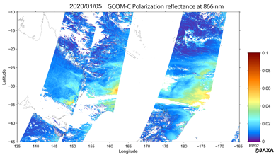 「しきさい」による観測した2020年1月5日降交軌道のオーストラリア周辺の観測、偏光反射率（白いエリアは観測領域外または雲域）