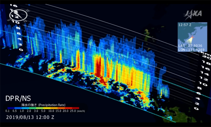 全球降水観測計画（GPM）主衛星搭載二周波降水レーダ（DPR）による台風10号の降水3次元観測結果（2019年8月13日12:57 (世界標準時)）。
