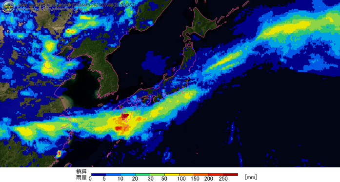2020年7月5日（日本時間）の衛星全球降水マップ（GSMaP）による日降水量の分布