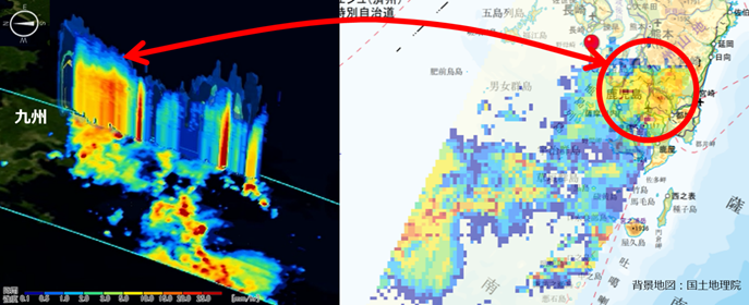 雨雲スキャンレーダ（二周波降水レーダ）が観測した2020年7月5日12時40分（日本時間）の梅雨前線に伴う降水帯の鉛直構造