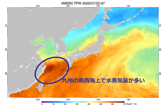 水循環変動観測衛星「しずく」による2020年7月2日～7日（日本時間）の水蒸気量（鉛直方向に積算した値）[kg/m2]