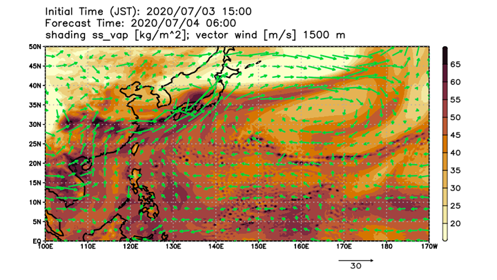 NEXRAでシミュレートされた7月4日6時（日本時間）の大気水蒸気量（鉛直積算量：kg/m<sup>2</sup>）と上空1500mにおける風の場（矢印：m/sec）。7月3日15時を初期時刻として計算。（図は東京大学大気海洋研究所 Ying-Wen Chen特任研究員作成）”><p></p>
<p class=