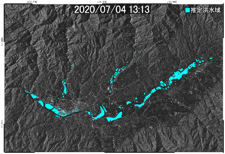 「だいち2号」PALSAR-2データから推定した人吉市、球磨郡周辺の浸水域画像のアニメーション（7月4日13時13分、7月5日0時4分、7月6日12時18分）
							