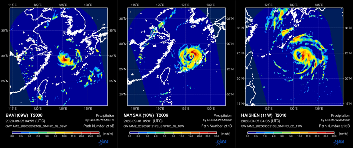 AMSR2によって観測された、台風が東シナ海に接近した際の降水量