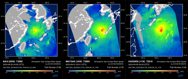 AMSR2によって観測された、台風が東シナ海に接近した際の全天候海上風速