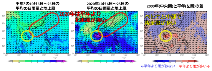10月6日～25日のGSMaPによる日雨量[mm/day]（カラー）と気象庁JRA-55による地上付近（925hPa面）の風（べクトル）。