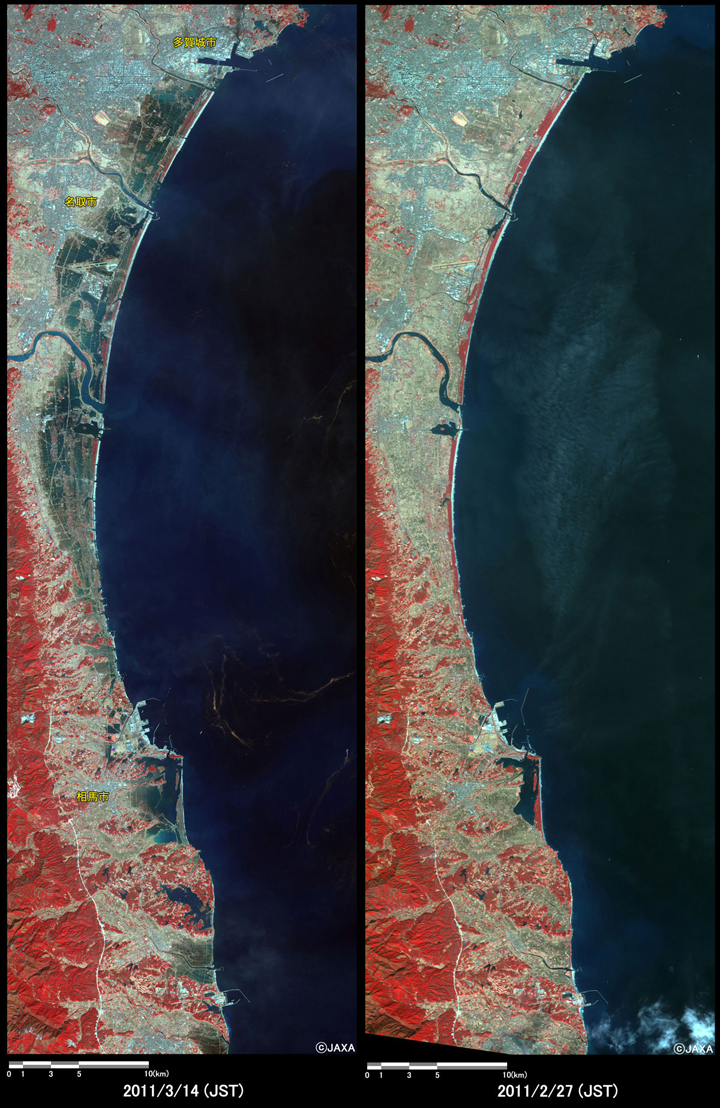 「だいち」が観測した震災前（右）と後（左）の東北地方の沿岸の様子