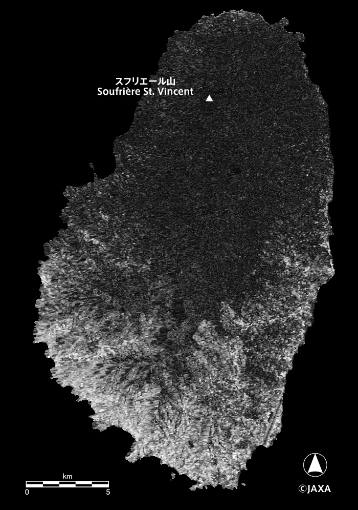2021年4月7日および21日のデータによる「だいち2号」コヒーレンス画像。暗い部分が降灰域に概ね対応します。