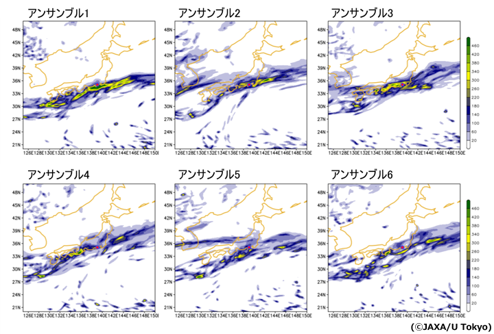 高解像度NEXRA 各アンサンブル実験による2020年7月1日から3日までの累積雨量分布図(mm)。NEXRAの初期値は2021年6月30日午前9時。赤点は熱海の位置を示しています。