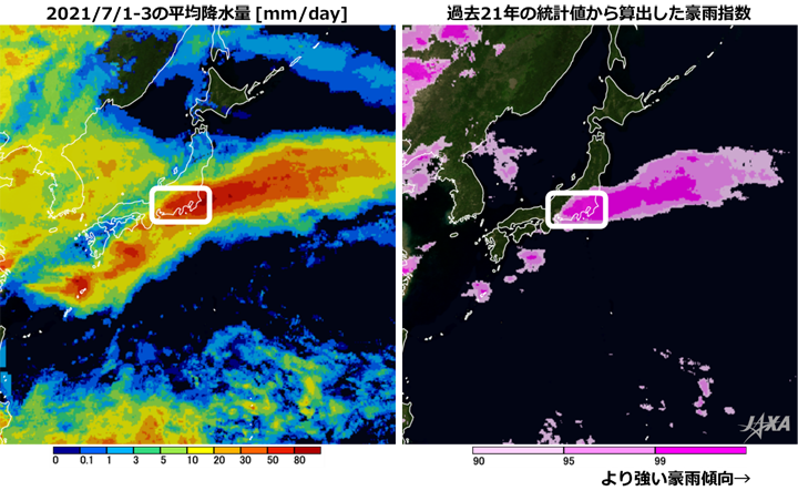 2021年7月1日～3日（世界標準時)の衛星全球降水マップ（GSMaP）による平均日降水量 [mm/day]（左）と豪雨指数（90, 95, 99パーセンタイル値）（右）