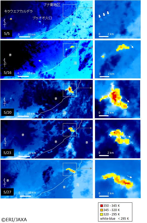 「しきさい」によって捉えたハワイ、キラウエア火山の溶岩の発生状況。2018年5月5日、16日、20日、23日、27日の観測画像（250m解像度の熱赤外波長の観測データで作成した輝度温度画像。右側にプナ南地区の拡大画像を示す。