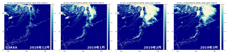 「しきさい」で観測された日本周辺の月統計積雪海氷分布の画像（左から、2018年12月-2019年3月）