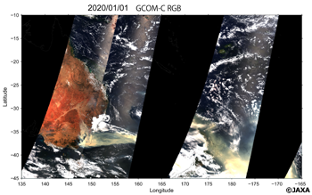 「しきさい」による観測した2020年1月1日降交軌道のオーストラリア周辺の観測、カラー画像（黒いエリアは観測範囲外）