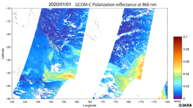 「しきさい」による観測した2020年1月1日降交軌道のオーストラリア周辺の観測、偏光反射率（白いエリアは観測領域外または雲域）