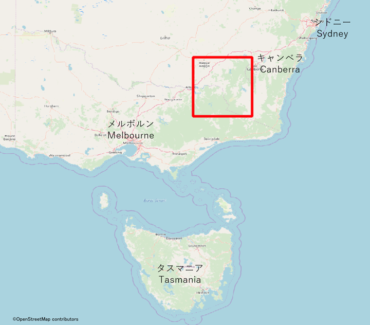 2020年1月9日観測のALOS-2によるオーストラリア南東部の解析対象範囲（赤枠）