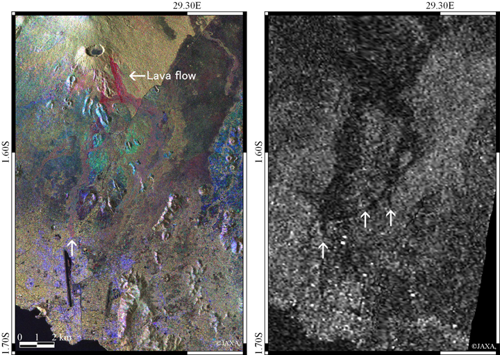 「だいち2号」の2021年5月28日の観測データに基づく溶岩流の位置